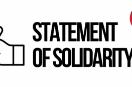 Black text reads "statement of solidarity" next to a round red badge reading "fight for asylum rights"