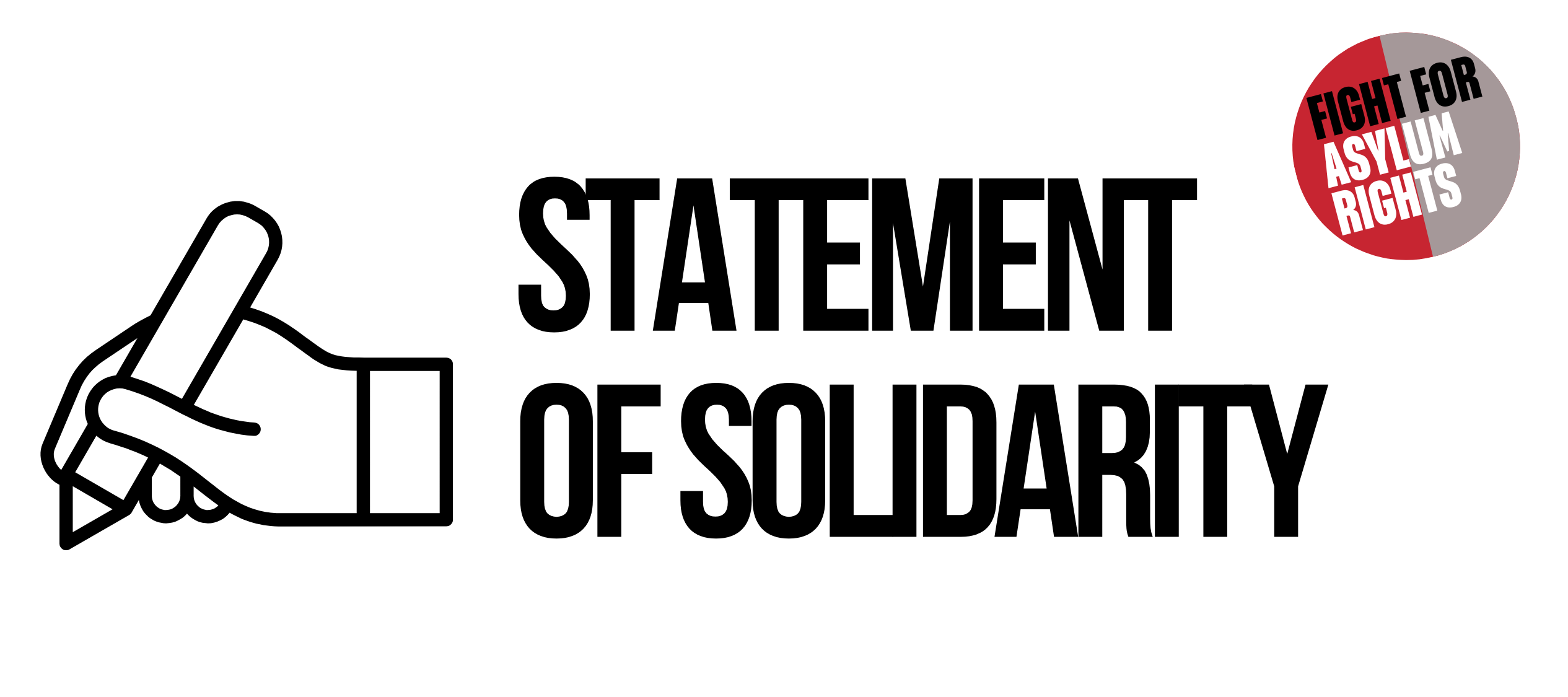 Black text reads "statement of solidarity" next to a round red badge reading "fight for asylum rights"