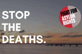 Text reads 'stop the deaths' above an image of people on a beach at sunrise