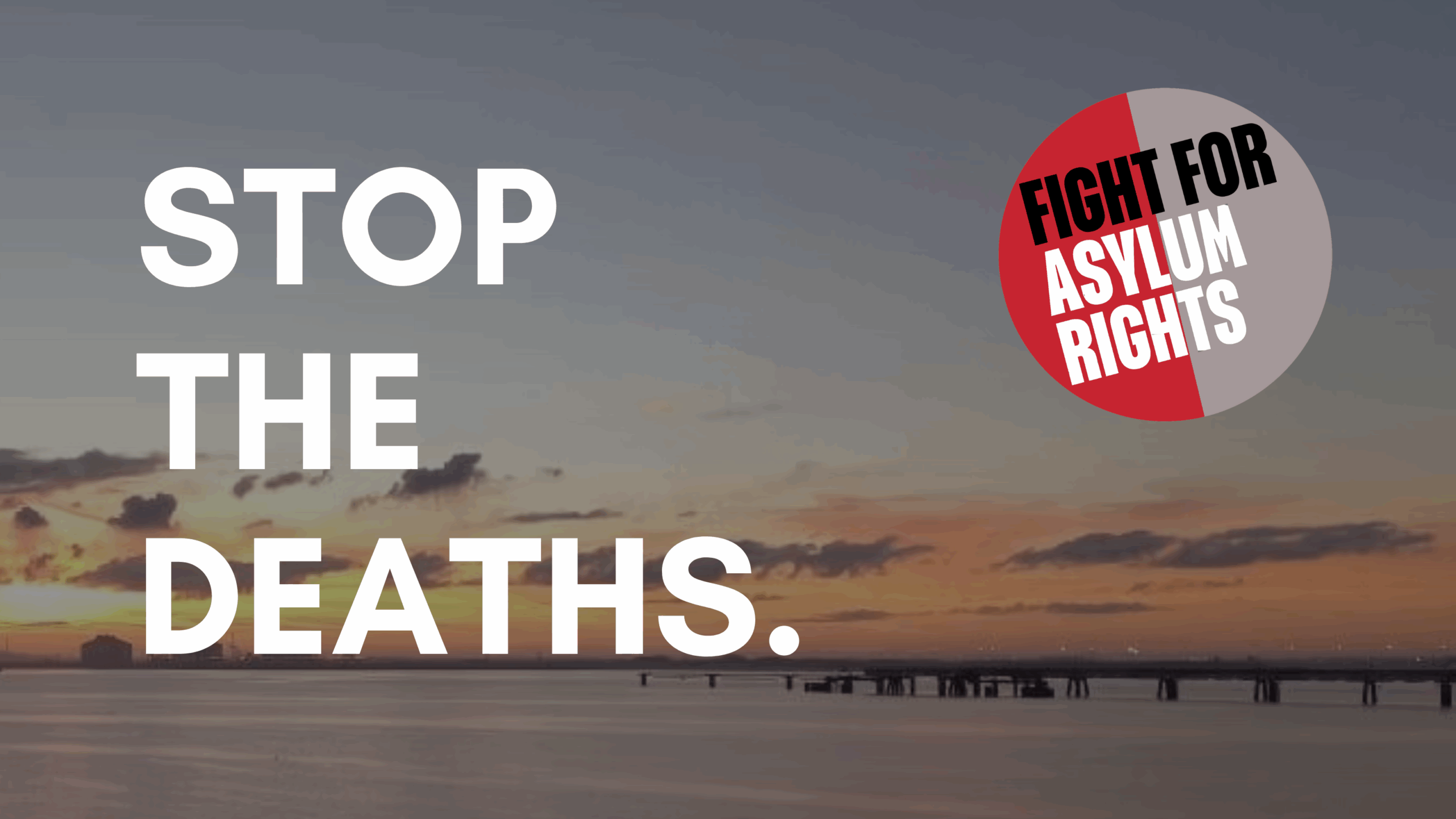 Text reads 'stop the deaths' above an image of people on a beach at sunrise